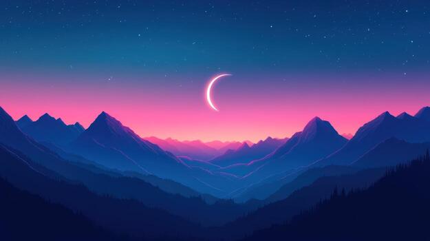 A crescent moon glows vibrantly pink against a twilight sky above a range of silhouetted mountains, creating a serene, dreamy landscape photo