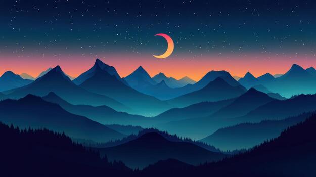 A crescent moon hangs over a vast, silhouetted mountain range at twilight, with a vibrant gradient sky showcasing soft pink and orange hues above deep blue mountains and shadowed forests photo