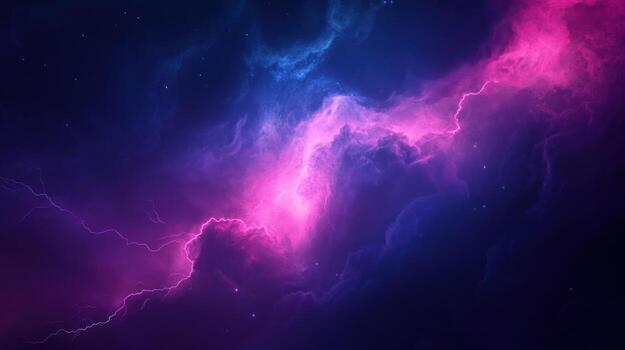 An abstract cosmic scene depicting swirling nebulae in vibrant pink and blue hues, interwoven with streaks of lightning-like energy against a dark, starry backdrop photo