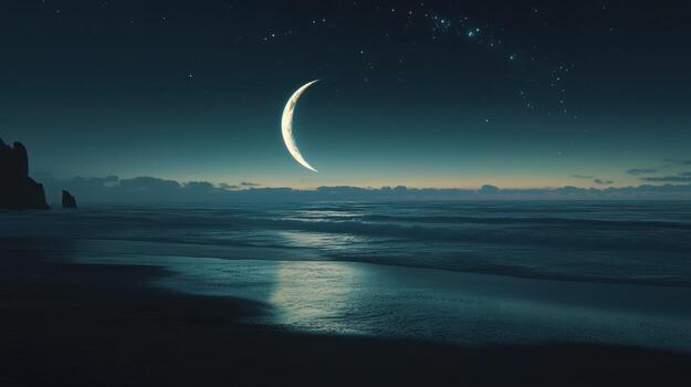 Serene crescent moon hangs over a tranquil ocean at night, its glow softly reflected on the water, with dark cliffs and a starry sky providing a dramatic backdrop photo