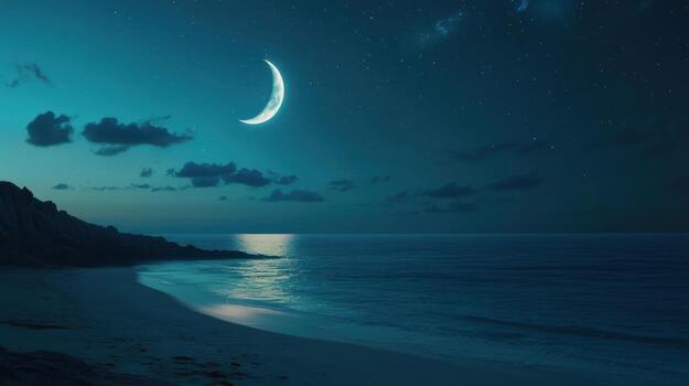 Serene crescent moon graces a tranquil night scene over a dark ocean, its glow softly reflecting on a sandy beach, with a distant cliff and a starry sky photo