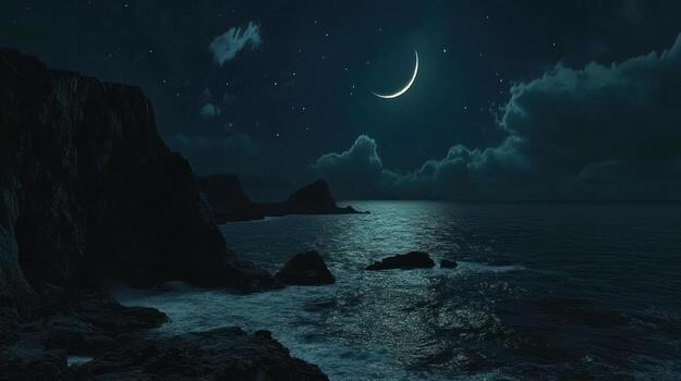 Serene nightscape featuring a crescent moon and stars above a dark, rocky coastline with a calm ocean reflecting the celestial light. Dark cliffs and subtle wave action are visible photo