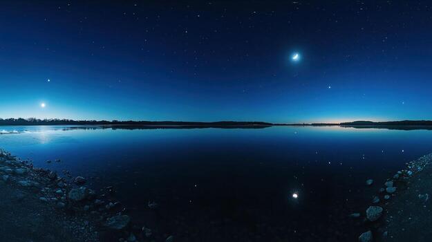 panorámico noche escena de un calma lago reflejando un estrellado cielo foto