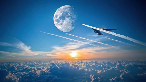 Aerial view of a plane over clouds at sunset photo