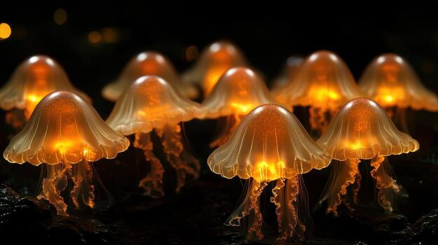 brillante, translúcido, en forma de campana organismos asemejarse a Medusa o bioluminiscente hongos, agrupados en un oscuro superficie, emitiendo un calentar naranja ligero en contra un negro antecedentes con bokeh foto