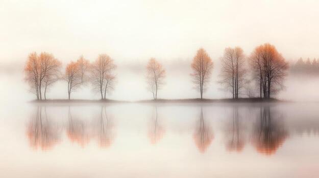 Serene dawn mist shrouds a line of leafless trees on a calm lake, their reflections mirrored perfectly in the still water, creating a tranquil and ethereal atmosphere photo
