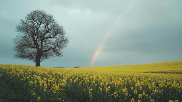 A solitary, leafless tree stands in a vibrant yellow rapeseed field, a faint rainbow arcing in the overcast sky photo