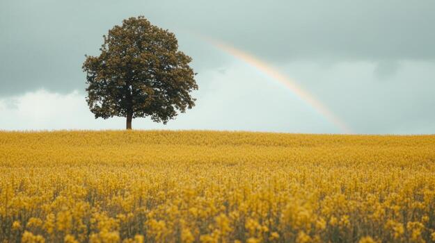 A lone tree stands in a vast field of yellow flowers, a rainbow arches over it photo
