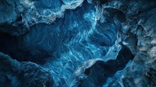 resumen de cerca de un profundo azul, texturizado rock formación parecido a arremolinándose agua o hielo, con bruto, irregular bordes y un liso, fluido interior foto