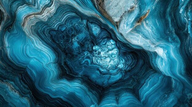 Abstract swirling blue and grey artwork resembling a geode or agate cross-section, featuring a central dark cavity surrounded by concentric, flowing lines and textures of varying shades photo