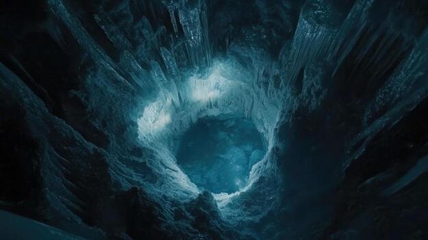 A subterranean cavern's icy walls converge on a luminous, circular abyss, hinting at a deeper, unexplored realm within the earth photo