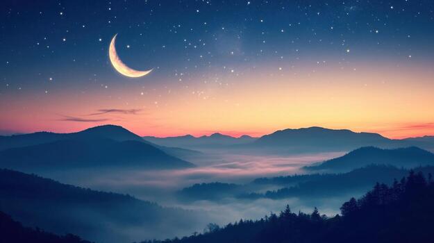 Serene night landscape depicting a crescent moon and stars above a misty mountain range at dawn, with a gradient of pink, orange, and deep blue hues across the sky and mountains photo