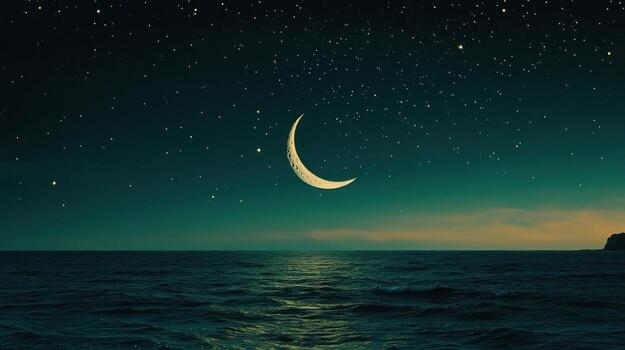 un creciente Luna cuelga en un oscuro verde azulado noche cielo espolvoreado con estrellas encima un calma, oscuro Oceano reflejando el de la luna brillo. un insinuación de tierra es visible en el Derecha horizonte foto