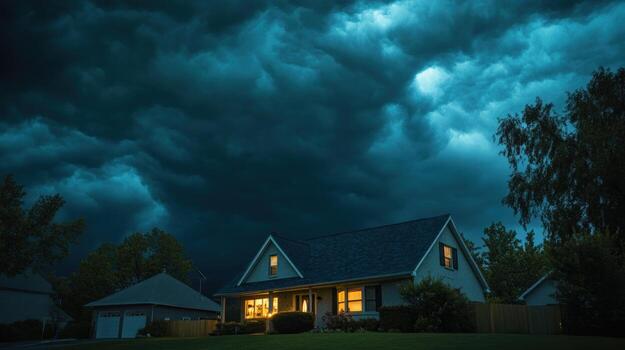 A suburban house is illuminated at night, a dramatic, dark stormy sky looms overhead, filled with heavy, ominous clouds. Trees and other houses are partially visible in the foreground and background photo