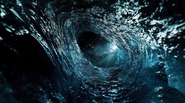 A swirling, icy vortex, dark blue and black, reveals a luminous center through a tunnel-like passage of translucent ice. The texture is rough and uneven, suggesting a natural formation photo