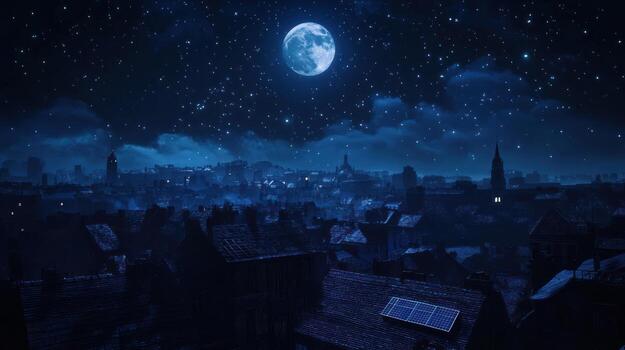 A nighttime cityscape viewed from rooftops, showing a full moon and a starry sky above a collection of dark, closely-packed buildings with faint lights, suggesting a historical European setting photo