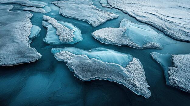 Aerial view of fractured ice floes on dark blue water, exhibiting a textured surface with frost and varied shapes and sizes, creating a cold, abstract pattern photo