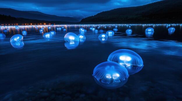 Bio luminescent jellyfish illuminate a calm, dark lake at twilight, their ethereal glow reflected on the still water, with a mountain range silhouetted against a dusky sky in the background photo