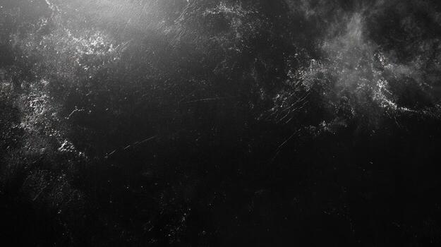 Abstract grayscale image featuring a dark, textured background with lighter, swirling particles concentrated towards the upper left, creating a sense of depth and movement photo