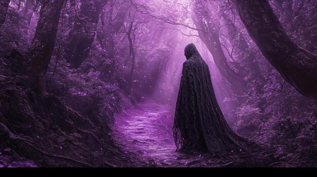 un encapuchado figura en un oscuro capa camina un camino mediante un etéreo púrpura bosque, envuelto en niebla y brillante partículas foto