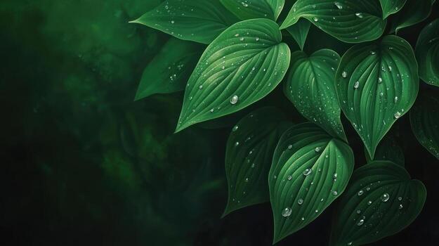 Lush green leaves with water droplets in a dark forest setting photo