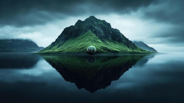Misty mountain isle, mirrored reflection photo