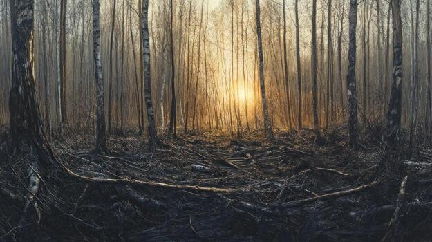 Sunlit, charred forest floor photo
