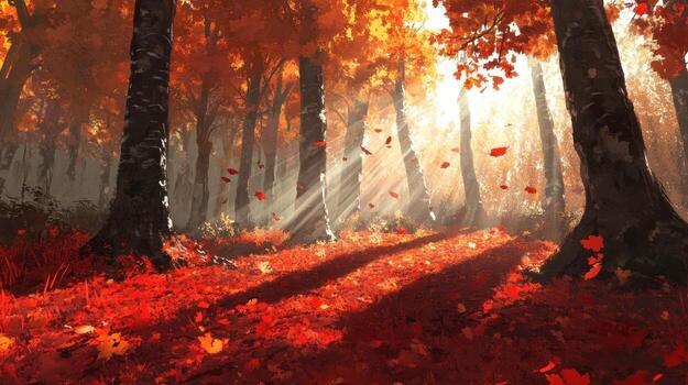 Sunlit autumn forest path with red leaves falling, shafts of sunlight illuminating the scene, creating a warm, inviting atmosphere. The ground is covered in a carpet of fallen leaves photo