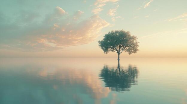 A solitary tree stands in calm, misty water, its reflection mirrored perfectly beneath a pastel sunset sky with soft clouds photo