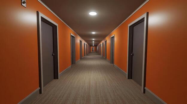 A long, narrow hallway with orange walls, dark gray doors, and a light brown floor extends into the distance, illuminated by ceiling lights. The perspective creates a sense of depth and repetition photo
