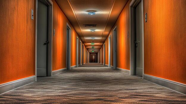 A long, dimly lit hotel corridor with orange walls, gray doors, and a patterned carpet receding to a vanishing point. Recessed lighting is visible along the ceiling photo