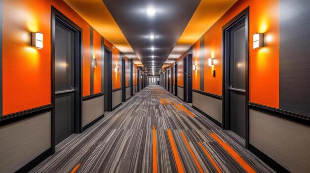 A long, brightly lit hotel corridor features orange and gray walls, dark gray doors, and a geometric patterned carpet. Recessed lighting is mounted on either side, adding to the modern aesthetic photo