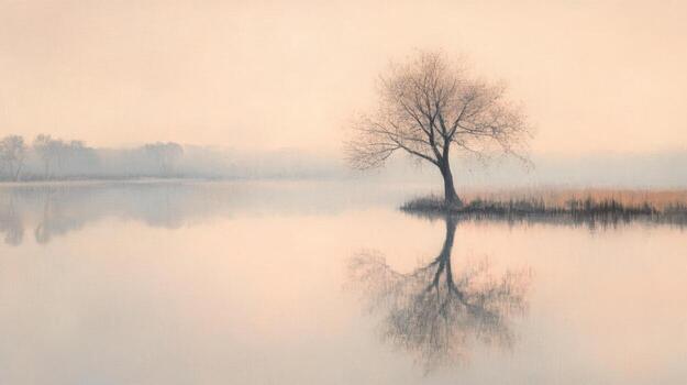 A solitary, leafless tree stands on a small island in a calm, misty lake at dawn, its reflection perfectly mirrored in the still water, the soft, pale light creating a serene and tranquil atmosphere photo