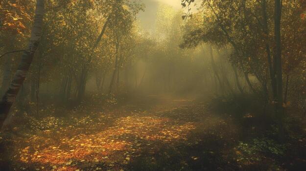 Misty autumn forest path photo