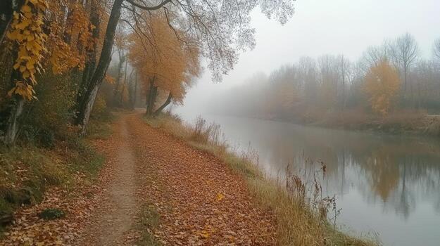A misty autumn scene along a calm river, with a leaf-strewn path beside it, framed by trees in various stages of fall foliage, the air still and serene photo