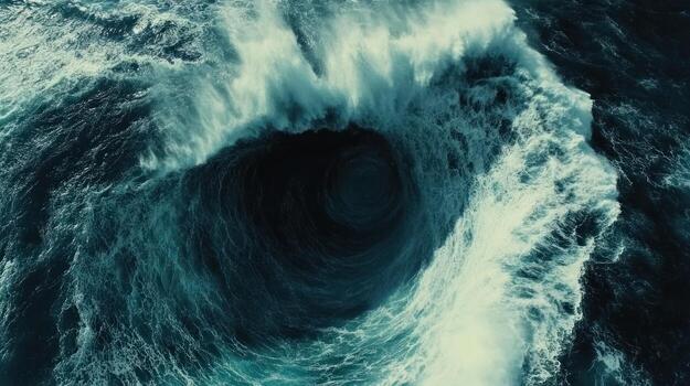 A swirling vortex of dark ocean water is surrounded by turbulent, frothy waves, creating a dramatic, almost ethereal, view from above. The dark center suggests depth and mystery photo