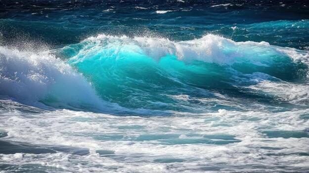 A vibrant teal wave crests, its foam-streaked surface reflecting sunlight against a backdrop of deeper blue ocean waters, other waves surrounding it, suggesting a dynamic, active seascape photo