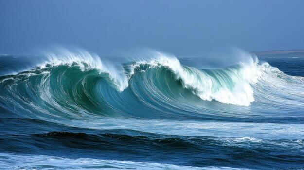 Powerful ocean waves with deep teal and white crests, wind-blown spray, and a dark blue sea under a bright sky. The waves are large and appear dynamic, suggesting a strong current or storm photo