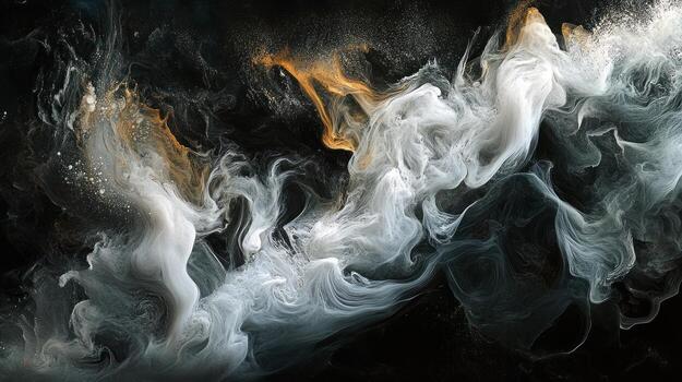 Abstract swirls of white and gold ink in dark fluid, creating a dynamic, ethereal, and smoky effect photo