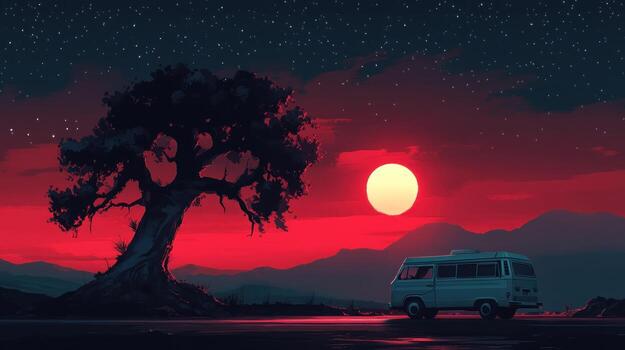 A vintage van parked under a large tree at sunset photo