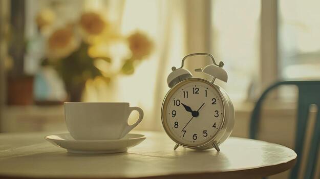 A white alarm clock and a cup of coffee on a table in a sunny room photo