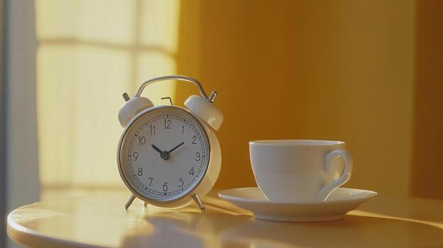 A simple alarm clock and coffee cup on a table, bathed in morning light photo