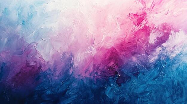 An abstract painting with a vibrant gradient of cool and warm colors. Thick, textured brushstrokes blend blues, purples, pinks, and whites creating a dynamic, almost cloud-like effect photo