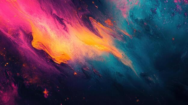 Abstract swirling nebula of vibrant pink, teal, orange, and yellow hues, speckled with dark pigments and glittering particles, creating a cosmic, ethereal effect photo