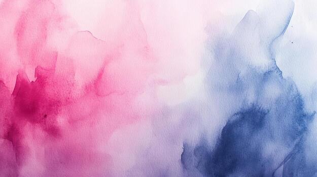 Abstract watercolor wash painting with a gradient transitioning from deep pink to a soft blue, featuring soft, cloud-like shapes and a light, airy feel. The colors blend seamlessly photo