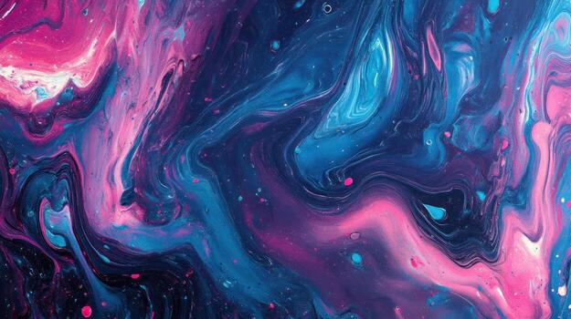 Abstract swirling mix of deep blues, vibrant pinks, and dark purples, speckled with smaller dots of color, creating a cosmic or fluid effect photo