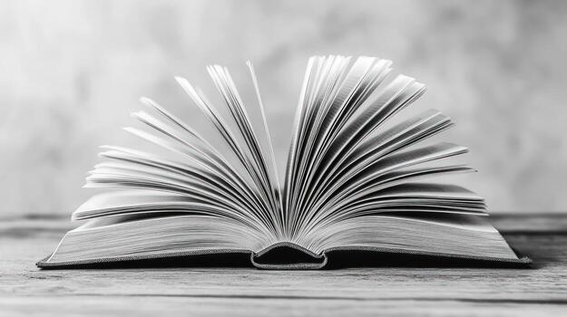 A grayscale image showcases a hardcover book lying open on a rustic wooden surface, its pages fanned out in a dramatic display, suggesting knowledge, stories, and the act of reading photo