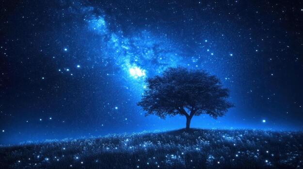 A solitary tree stands on a gently sloping hill under a vibrant, star-filled night sky, the Milky Way arcing overhead, casting a cool blue glow on the surrounding field of luminous flora photo