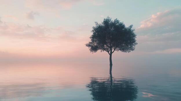 A solitary tree stands in calm, shallow water at dawn, its reflection mirrored perfectly on the still surface, under a pastel sky with soft clouds and a hazy atmosphere photo