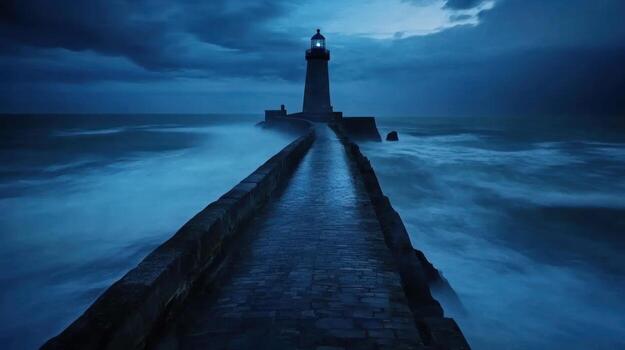 A solitary lighthouse stands tall on a long, dark stone pier, its light piercing the stormy, twilight sea. Turbulent waves crash around the structure, creating a dramatic, moody atmosphere photo